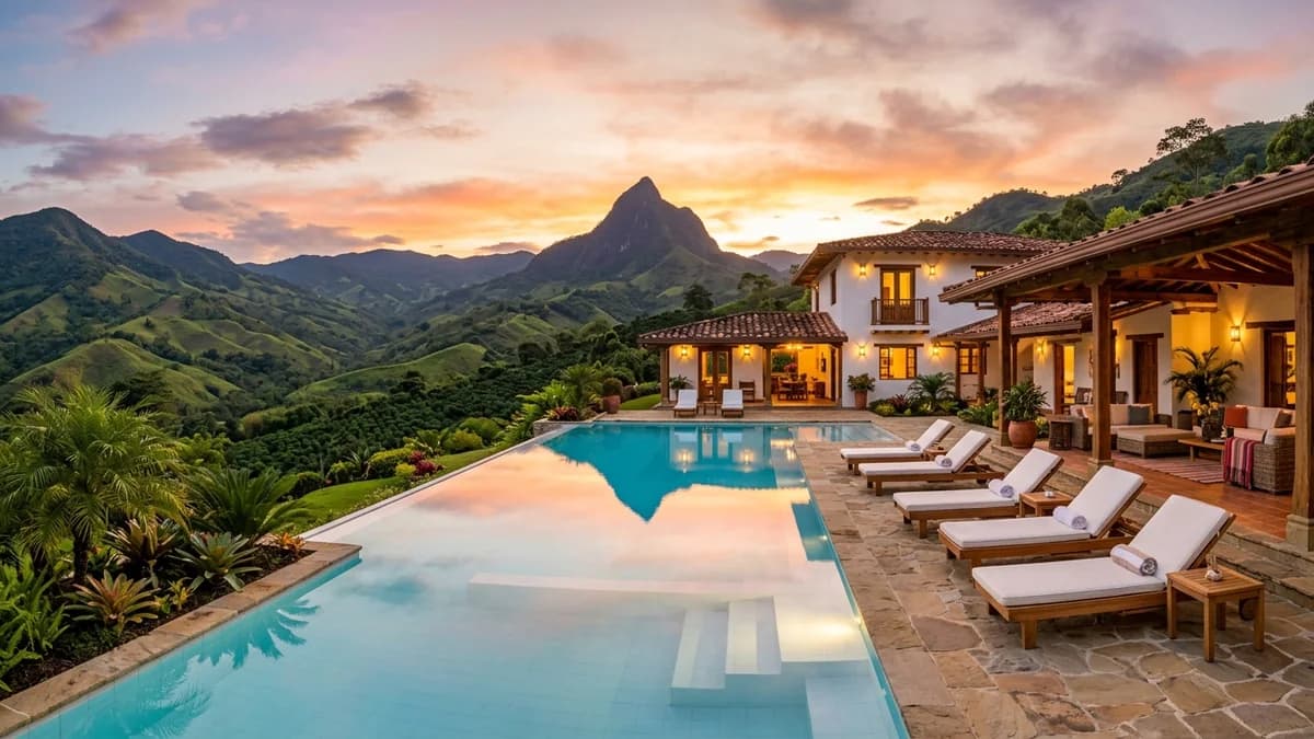 Piscina infinita y terraza panorámica en hacienda privada para alquiler de finca exclusiva en Antioquia
