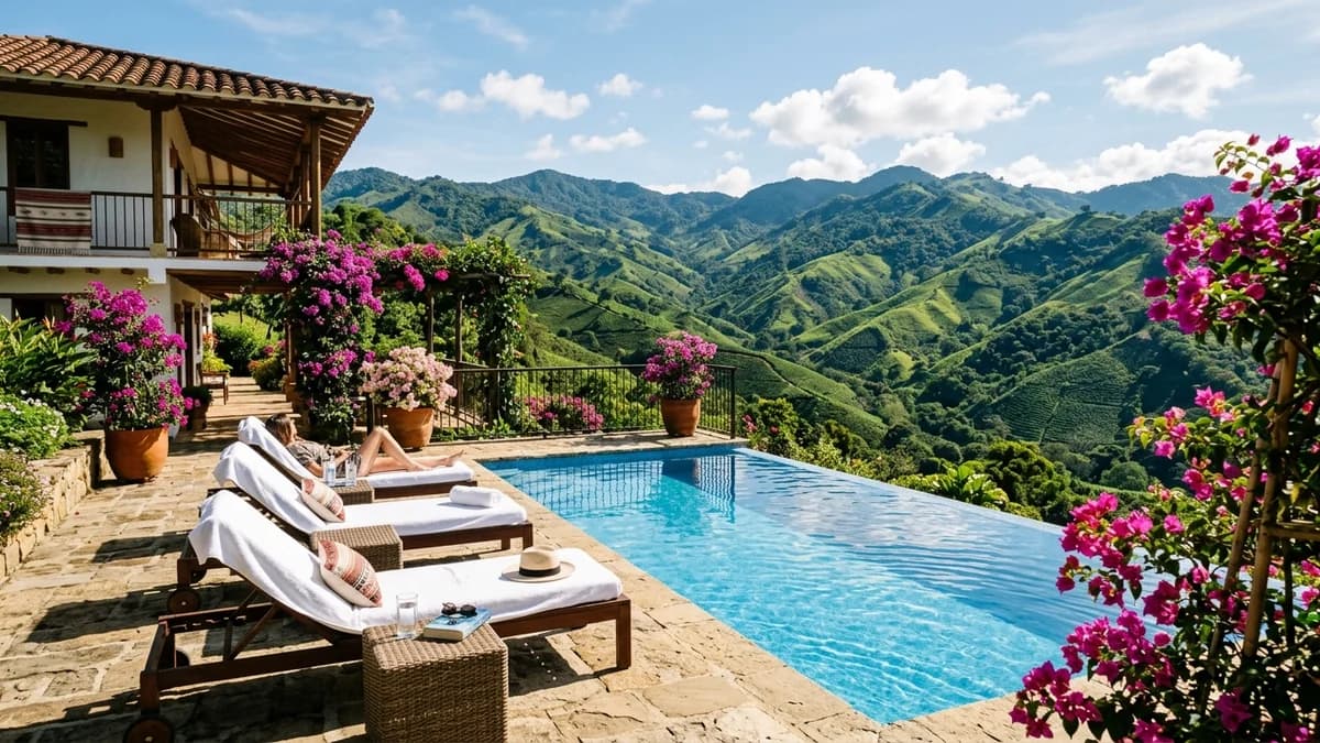 Luxury Antioquian coffee hacienda with crystal clear pool, sun loungers and panoramic Andean mountain view