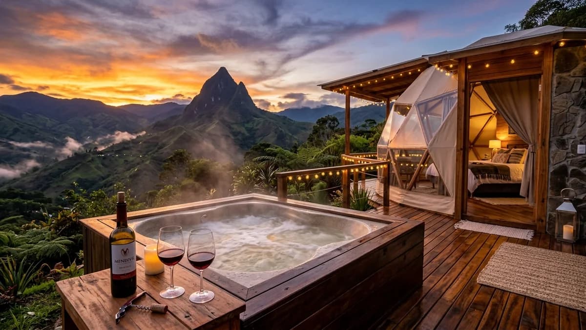 Luxury glamping dome with outdoor hydromassage jacuzzi, red wine glasses, and sunset facing Cerro Tusa