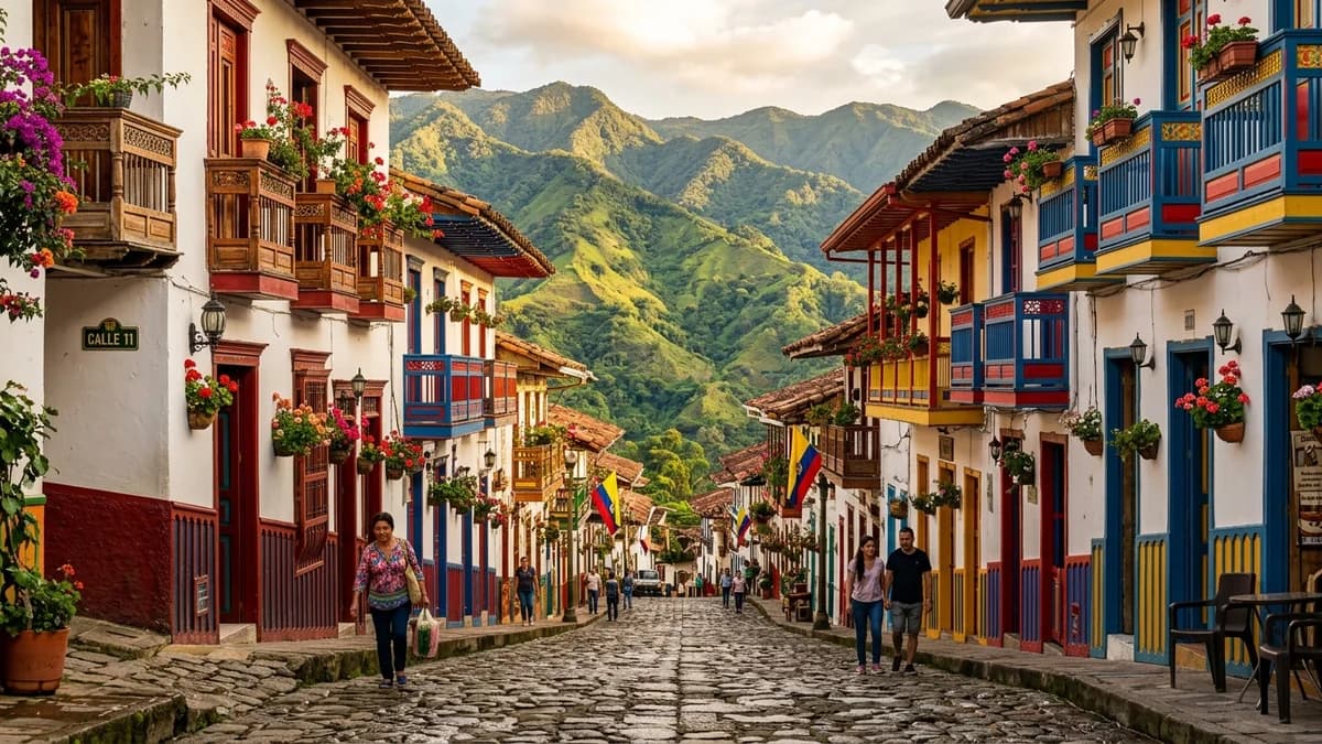 Cobblestone heritage street lined with colorful colonial houses and blooming wooden balconies in a traditional Antioquia town