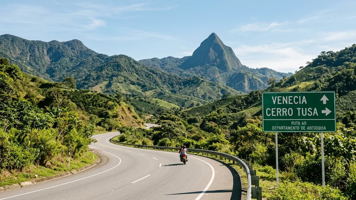 Scenic highway and official road sign towards Venecia and Cerro Tusa in Antioquia