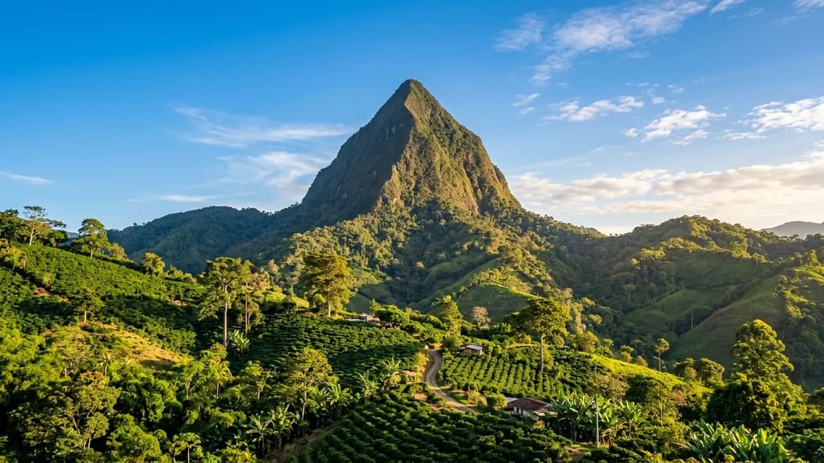 Perfect pyramidal silhouette of Cerro Tusa illuminated by morning sunlight in Venecia Antioquia