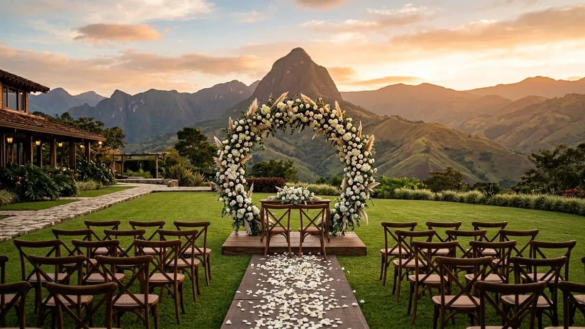Altar floral de matrimonio campestre con sillas de madera y vista panorámica al Cerro Tusa al atardecer