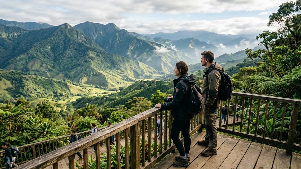 Mirador panorámico de madera sobre la cordillera andina y valles cafeteros en Antioquia con viajeros contemplando el paisaje