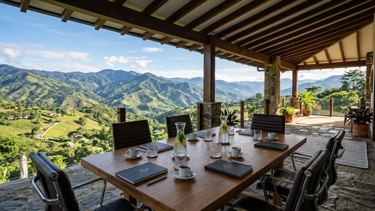 Mesa ejecutiva al aire libre para sesiones estratégicas y retiros corporativos en finca campestre de Antioquia