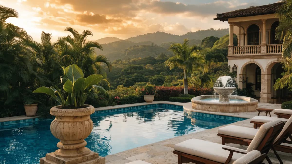 La Juana's pool with views of Cerro Tusa on a sunny day in Antioquia