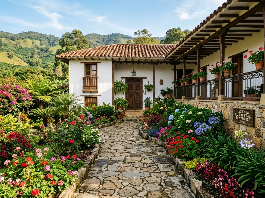 Entrance of an Antioquia farmhouse with a stone path among flowers and green mountains in the morning
