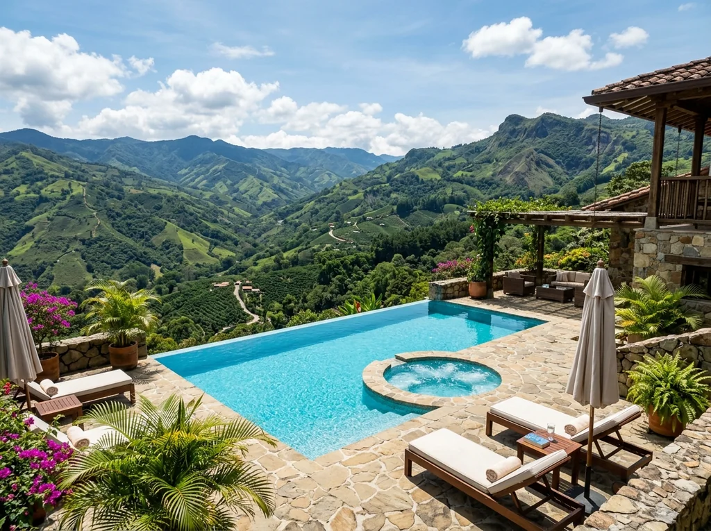 Pool with jacuzzi on a mountain terrace in Colombia, turquoise water and mountains around on a sunny afternoon