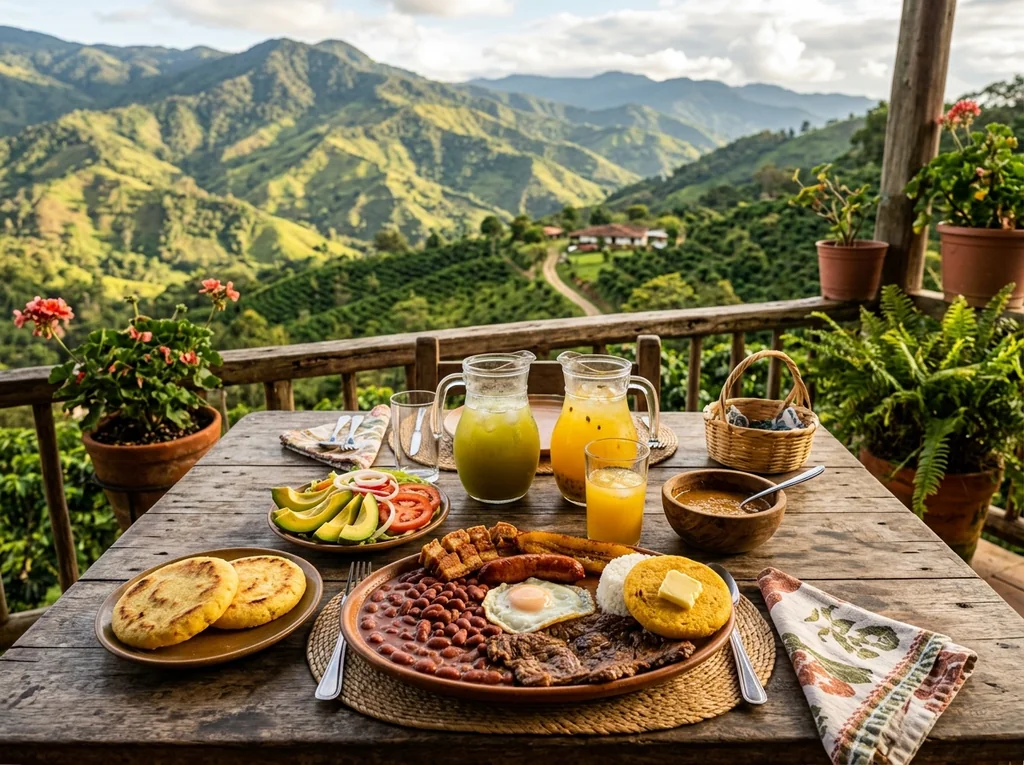 Traditional Antioquia countryside lunch outdoors on a farmhouse terrace with mountain views, fresh fruit and local dishes