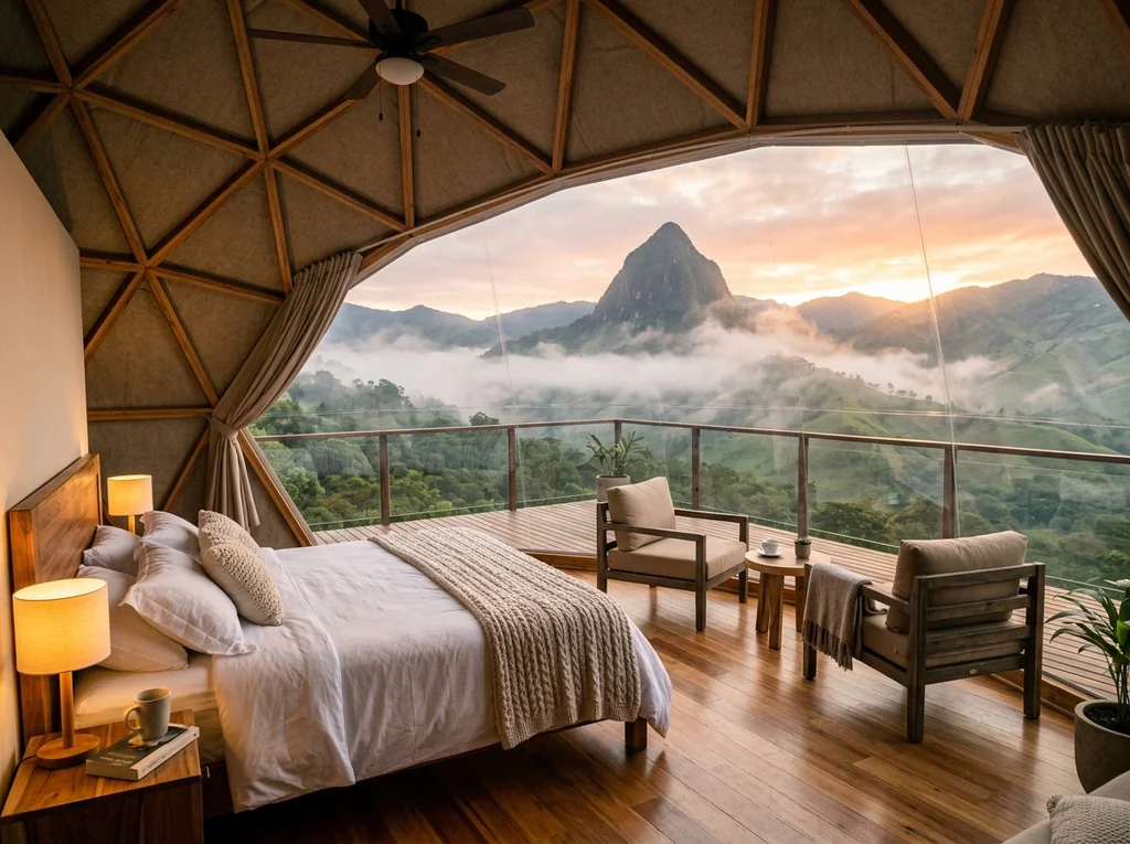 Domo de glamping de lujo frente al Cerro Tusa en Colombia, con ventanas transparentes, terraza de madera y niebla matinal