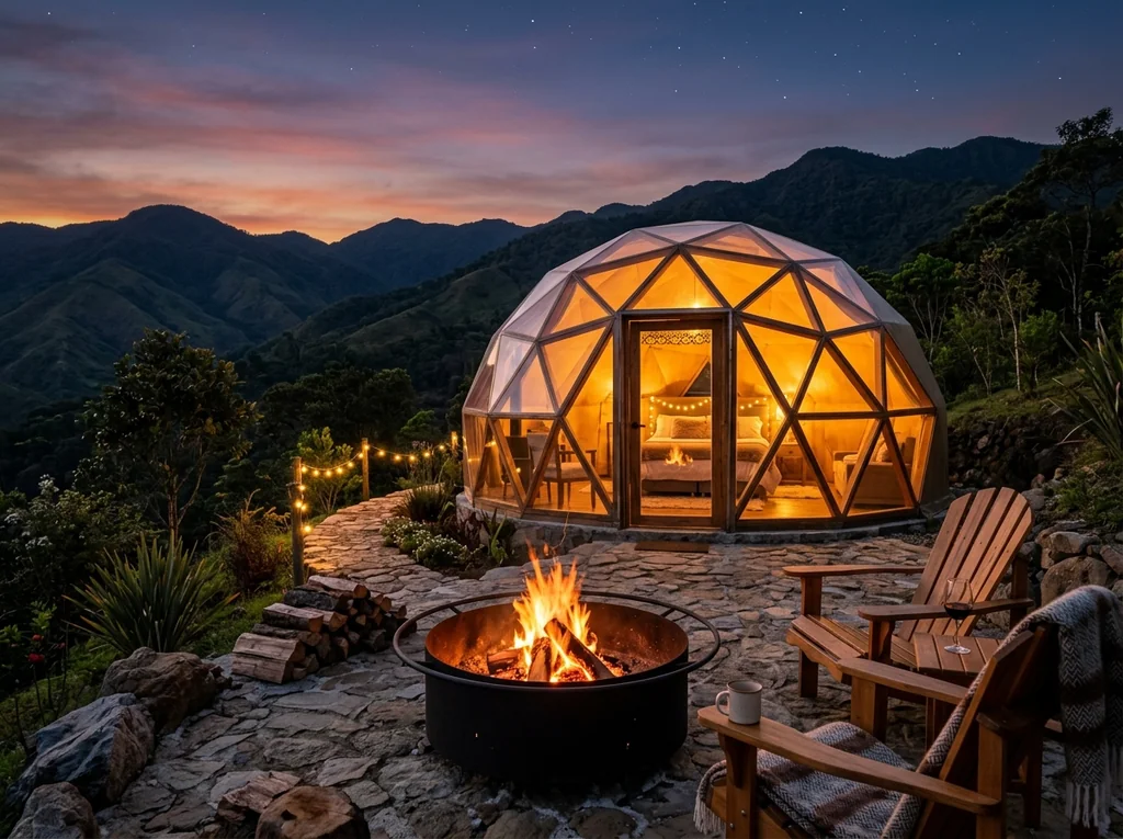 Domo geodésico de glamping al atardecer con luces cálidas en el interior, fogata afuera y vista a la montaña