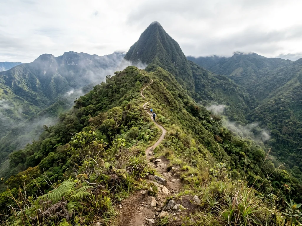 Sendero de ascenso al Cerro Tusa en Venecia Antioquia, entre montañas verdes y vegetación tropical