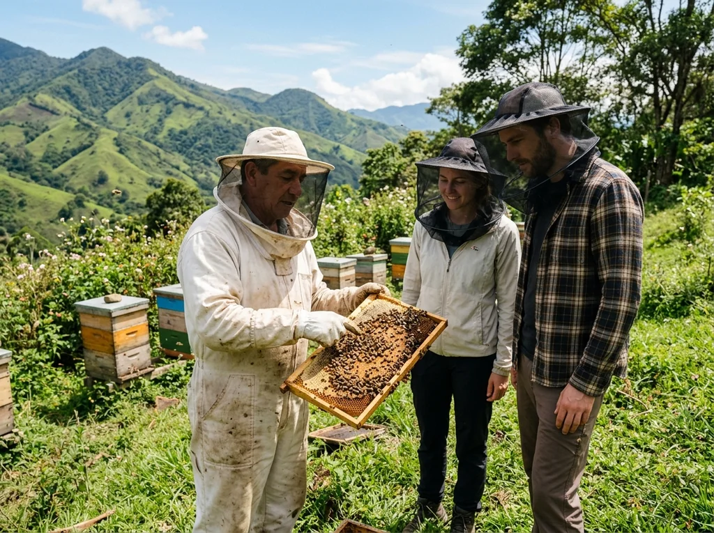 Tour de las abejas en Venecia Antioquia, colmenas de madera en un valle verde con apicultor en traje blanco