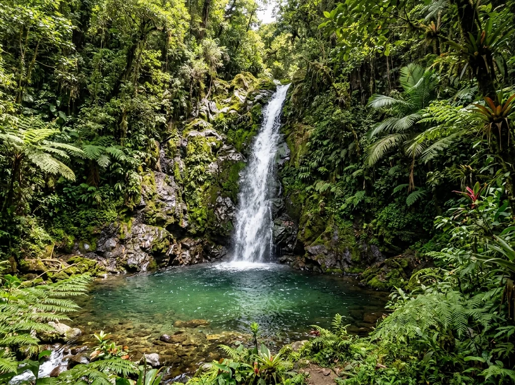 Cascada entre vegetación tropical en el cañón de Venecia Antioquia, agua cristalina cayendo a una poza natural