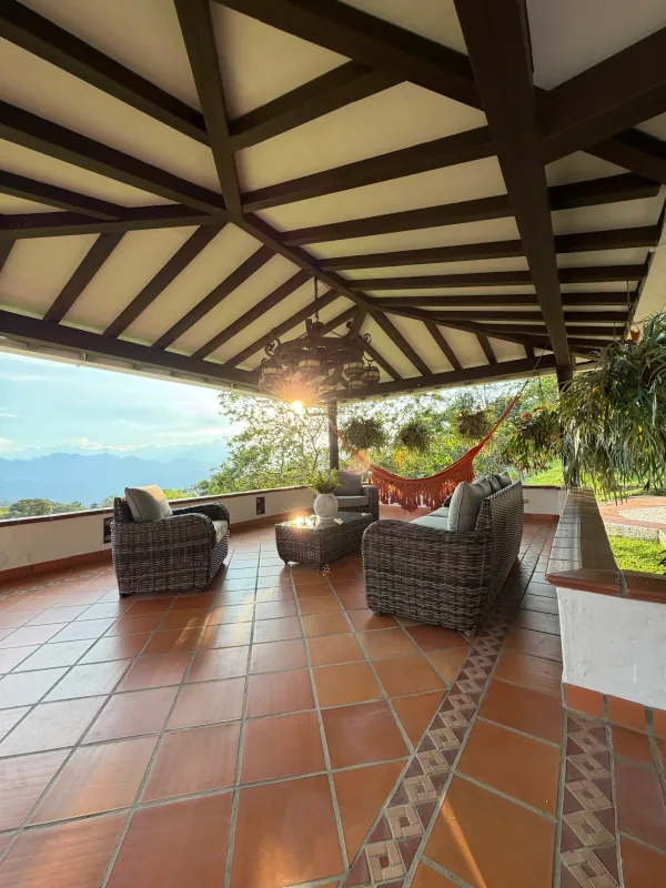 Paisa colonial architectural details with hand-carved wooden balconies and lanterns